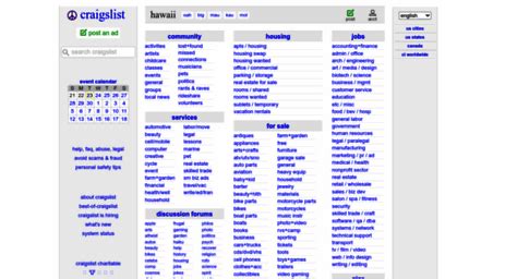 <b>craigslist</b> provides local classifieds and forums for<b> jobs,</b> housing, for sale, services, local community, and events<b> craigslist:</b> hawaii<b> jobs,</b> apartments, for sale, services, community, and events CL. . Craigslist honolulu jobs